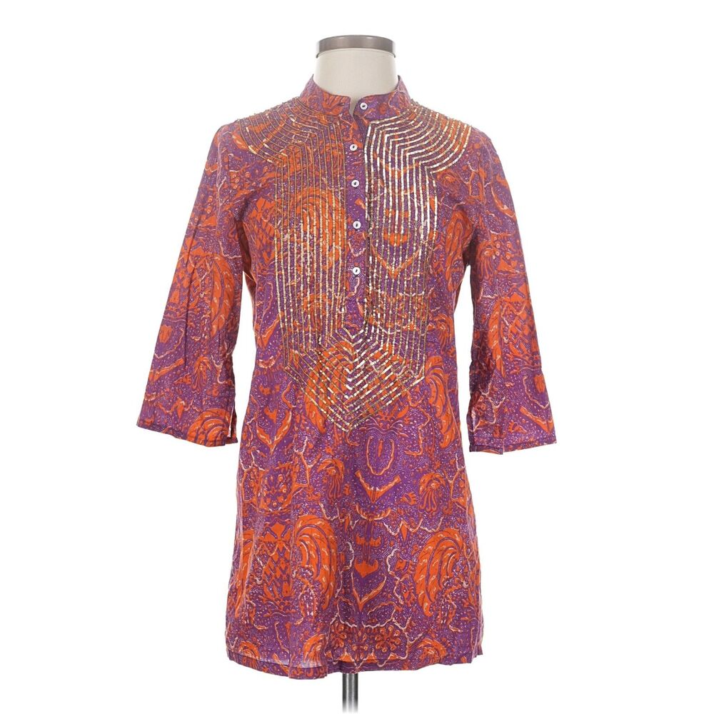 FIGUE Jasmine Purple Orange Paisley Cotton Embellished Tunic. Size S.